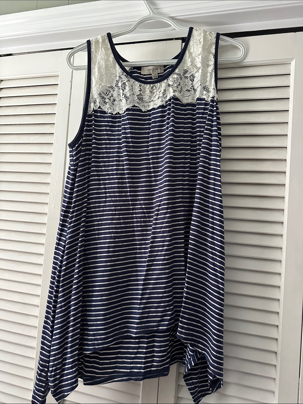Umgee Navy and White Striped Lace Yoke Tank